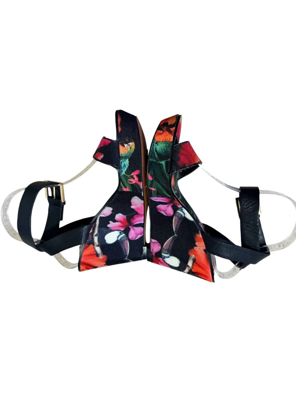 Ted Baker Floral Print Black Wedge Sandals with Ankle Strap - Picture 4 of 10